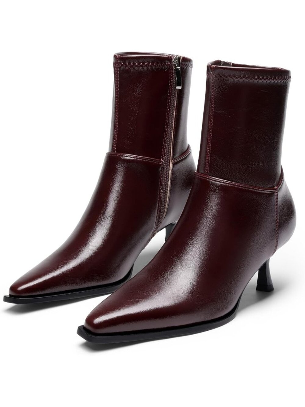 Women's Burgundy Pointed Toe Kitten Heel Side Zipper Dress Vintage Fashion Boots